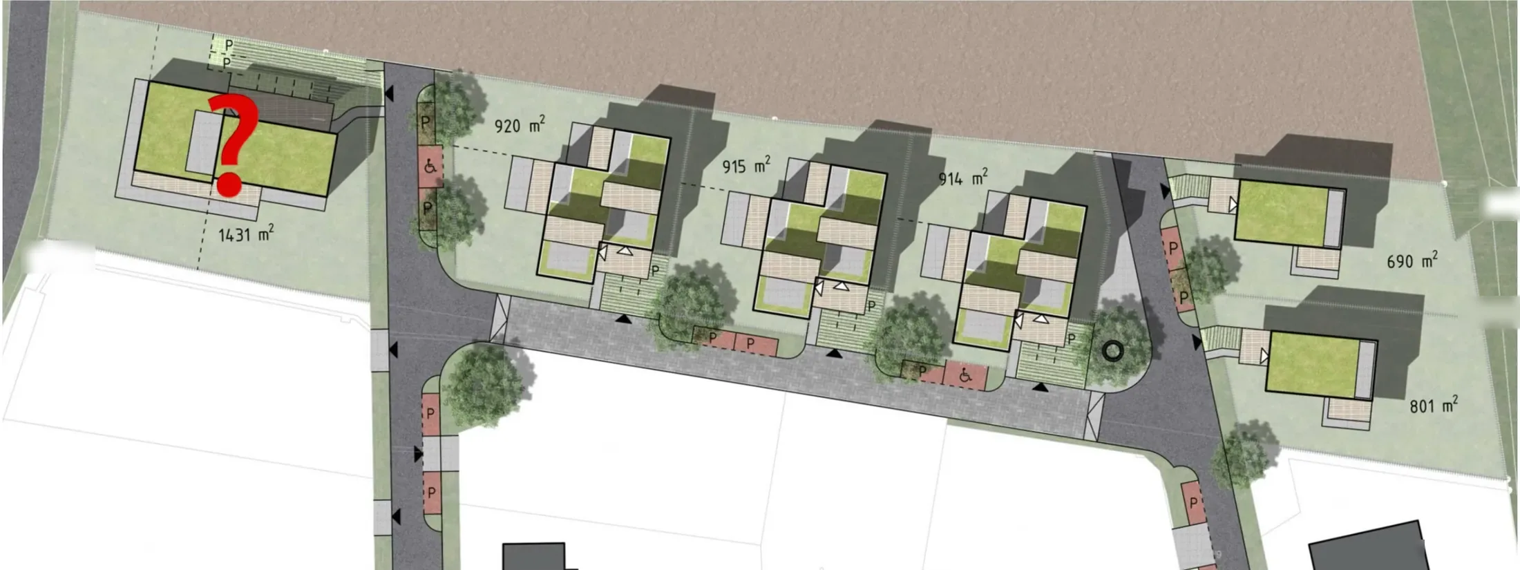 Zastavovací plán: šest domů podél nové komunikace s parcelami od 690 do 1 431 m²
