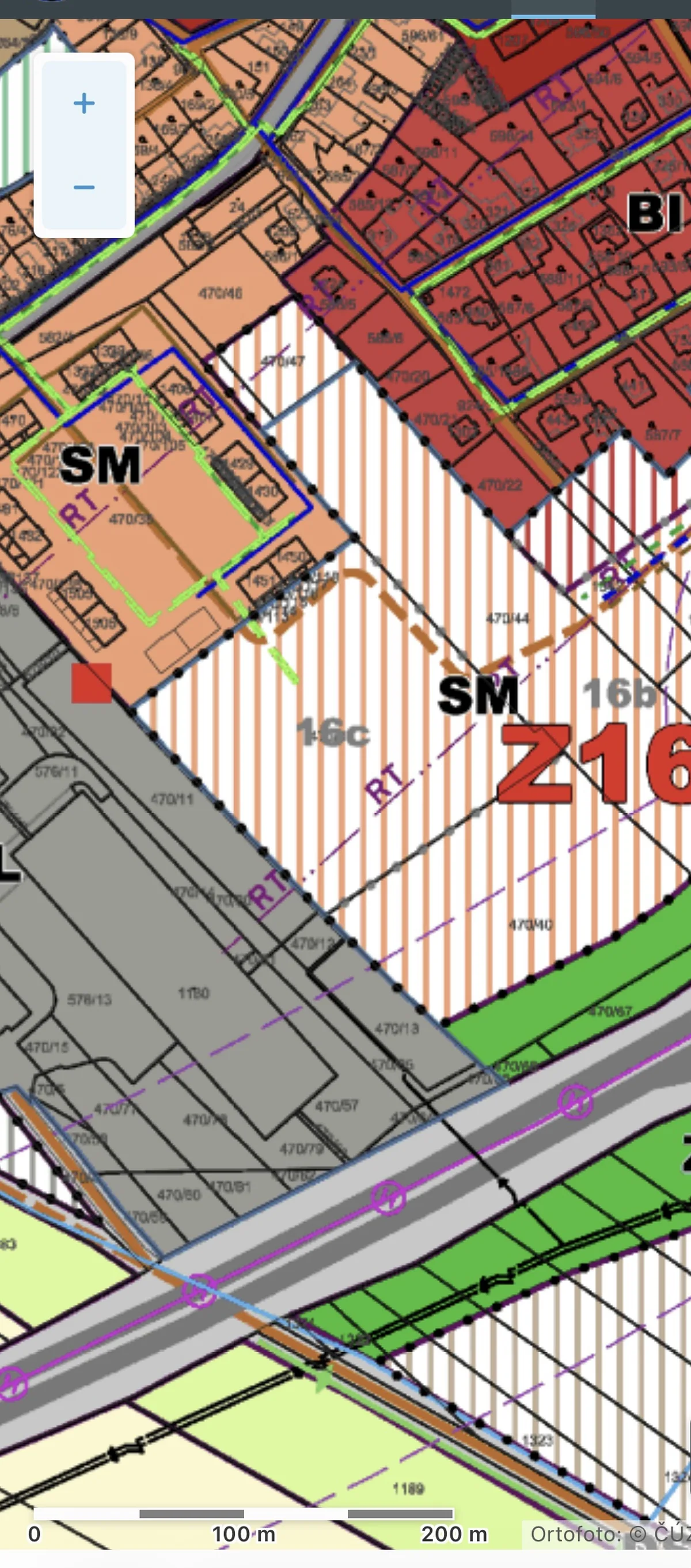 Výřez z územního plánu se zastavitelnou plochou Z16 a funkčním využitím SM